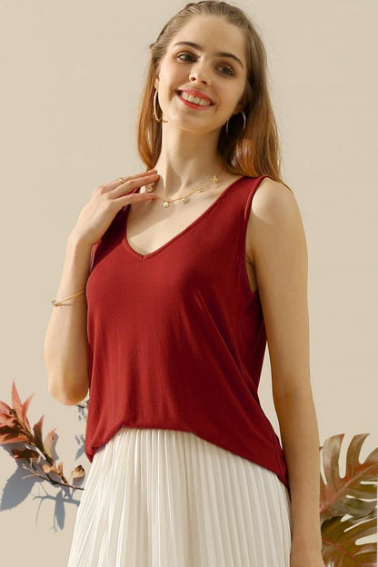 Ninexis V-Neck Curved Hem Tank - Full Size Burgundy