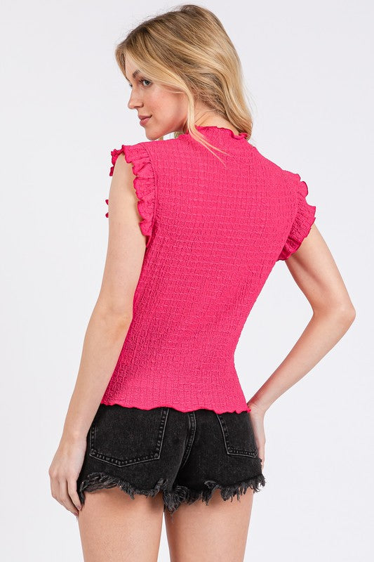 Ces Femme Textured Mock Neck Ruffle Cap Sleeve Blouse