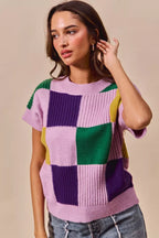 SO ME Mardi Gras Check Plaid Casual Knit Sweater Top