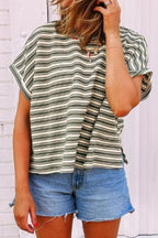 Stripe Textured Crew Neck T-Shirt with Side Slits - Relaxed Fit