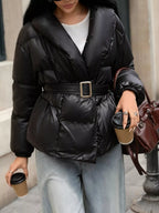 Long Sleeve Belted Puffer Jacket with Pockets