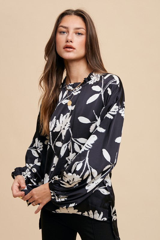 AnnieWear Frill Balloon Sleeve Printed Blouse