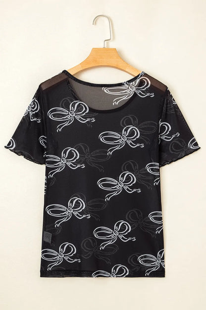 Elegant Sheer Bow Mesh Round Neck Short Sleeve Lightweight Top