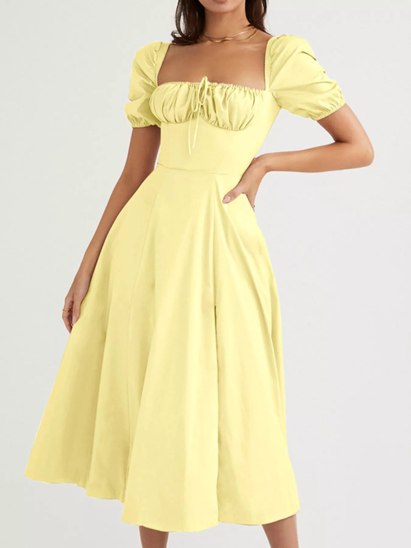 Full-Size Ruched Tie-Waist Slit Midi Dress