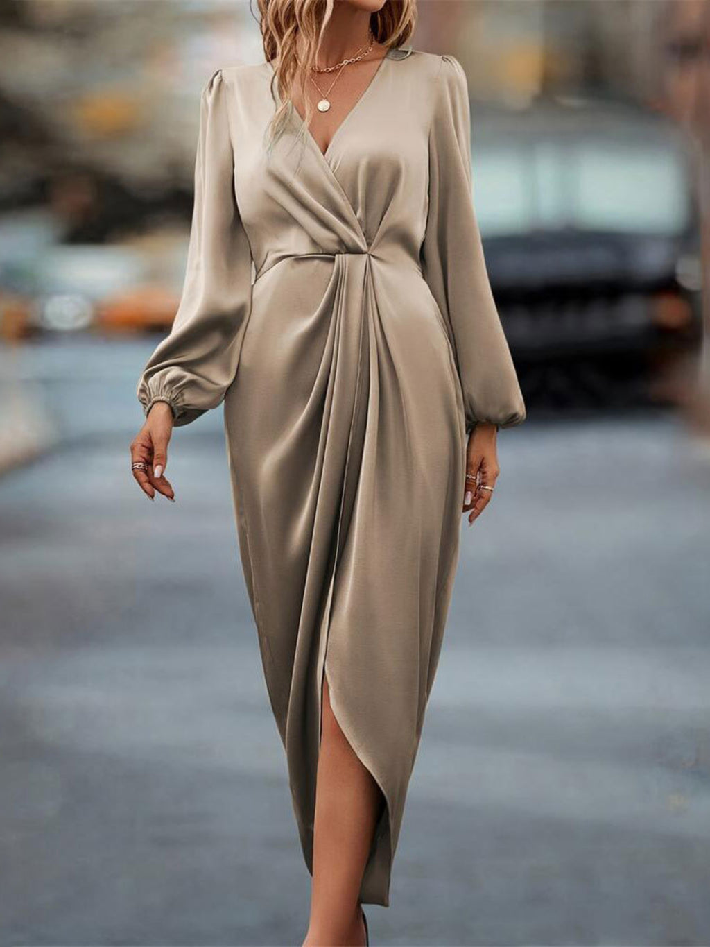 High-Low Surplice Balloon Sleeve Midi Dress - Elegant & Flowy