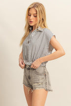 Striped Elastic Hem Johnny Collar Cap Sleeve Blouse
