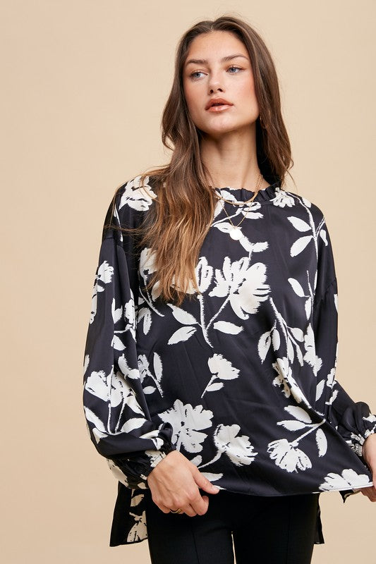 AnnieWear Frill Balloon Sleeve Printed Blouse Black