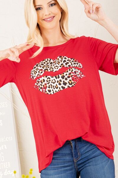 Heimish Full Size Leopard Lip Graphic Round Neck T-Shirt