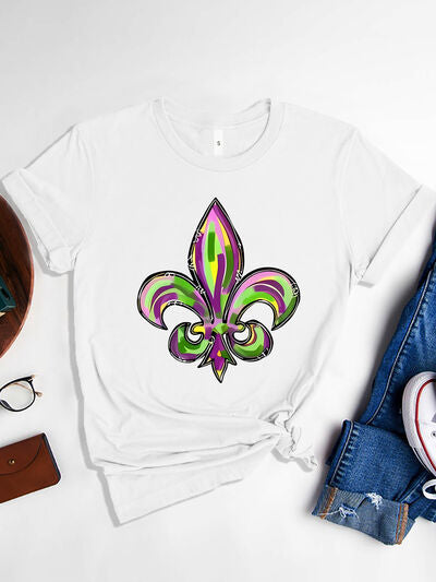 Mardi Gras Graphic Round Neck Short Sleeve T-Shirt White