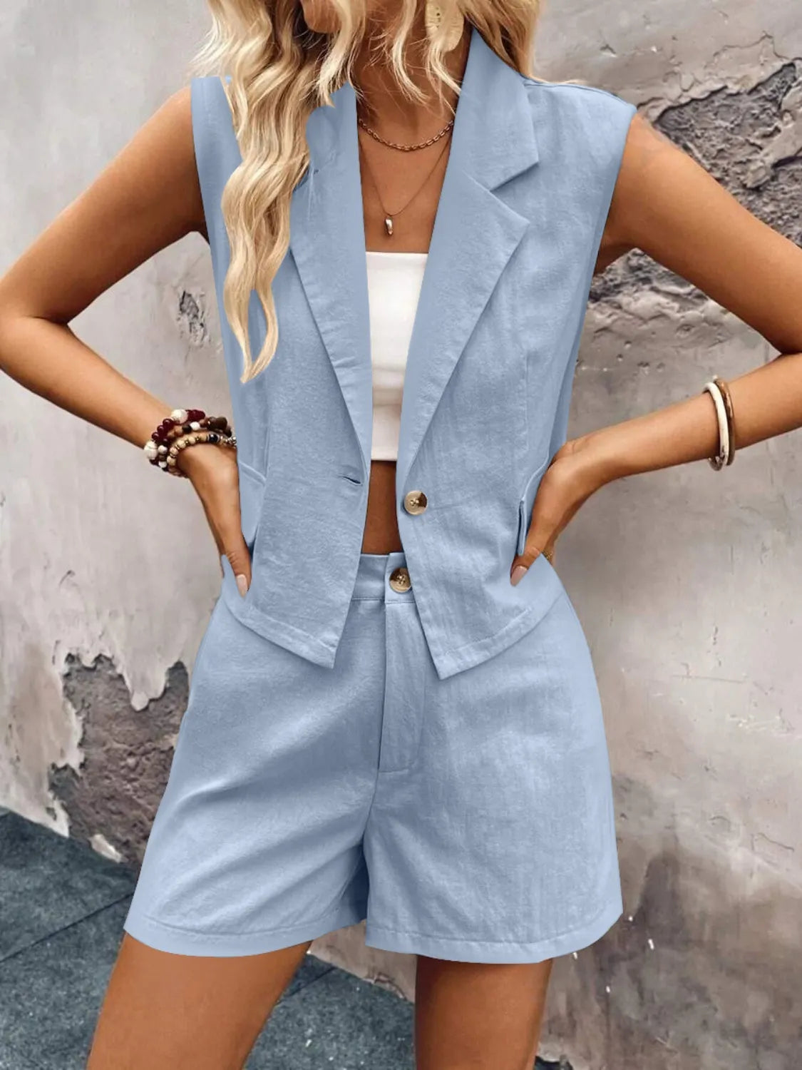 One-Button Sleeveless Cotton Top & Shorts Set