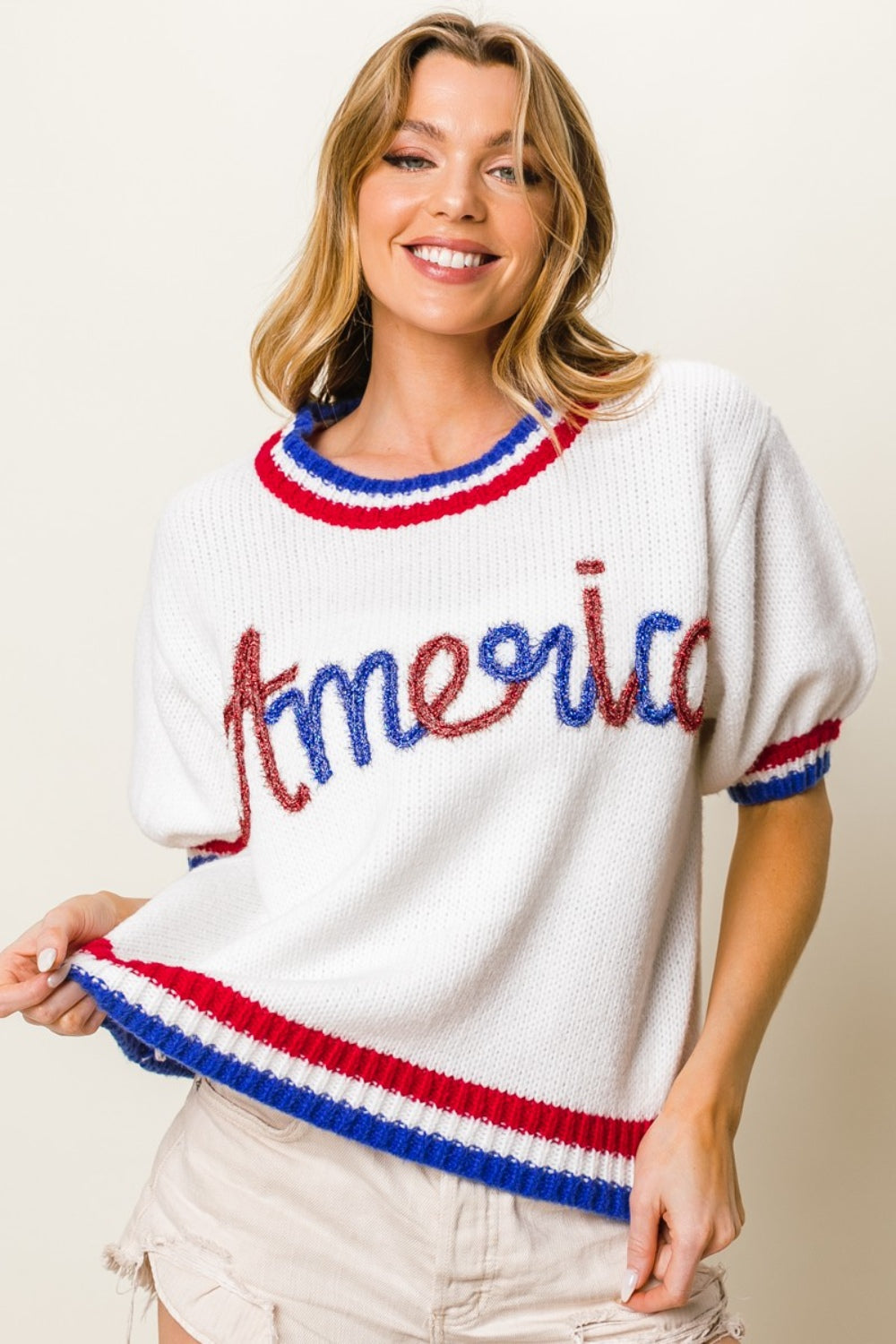 Metallic America Short Sleeve Sweater