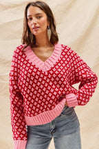 SO ME Color Block Textured V-Neck Christmas Sweater Top