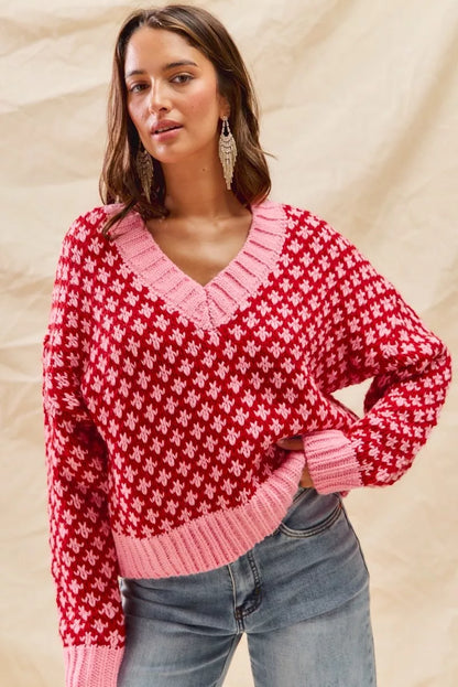 SO ME Color Block Textured V-Neck Christmas Sweater Top