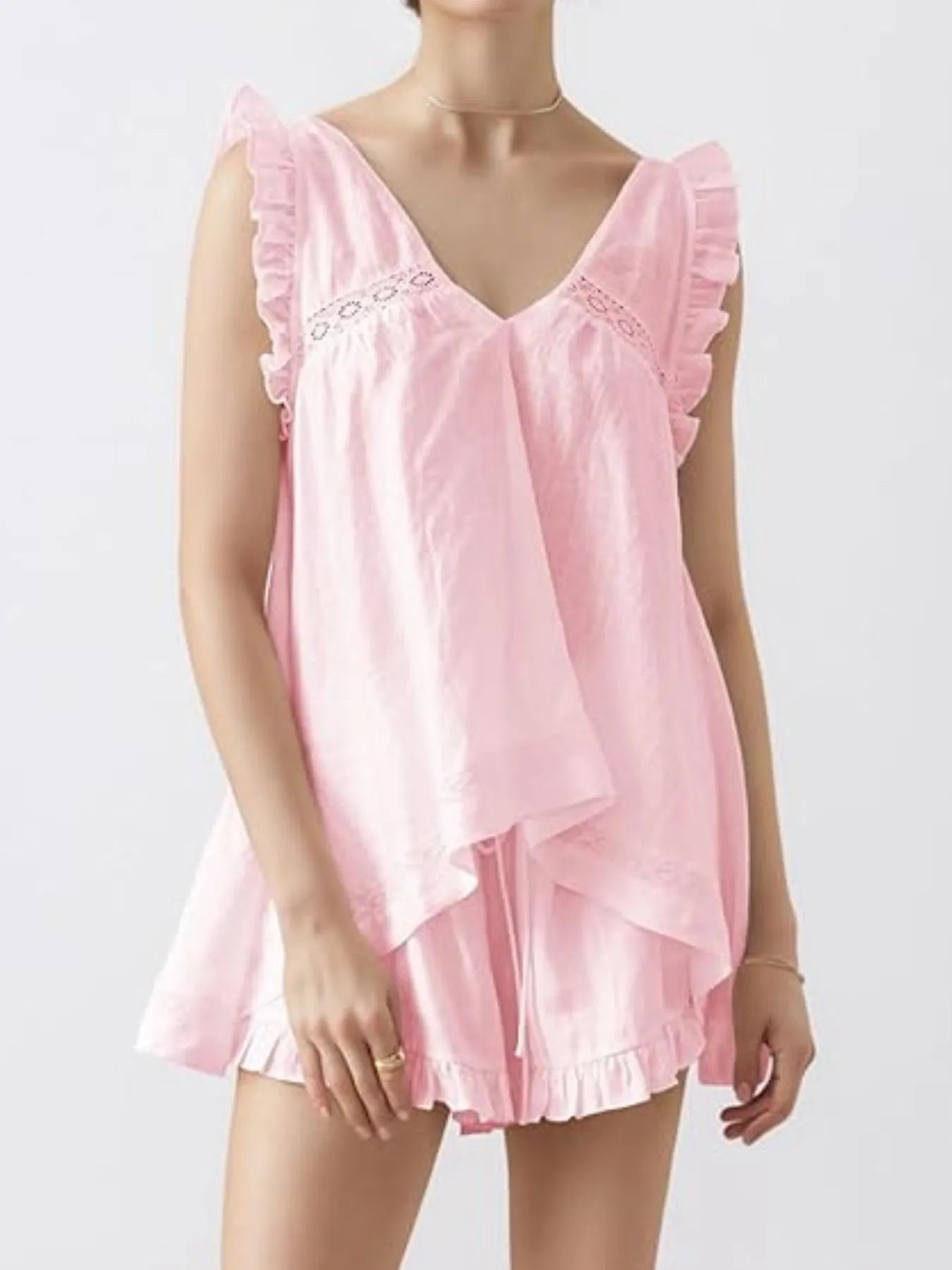 Ruffled V-Neck Top & High-Waist Shorts Co-Ord Set
