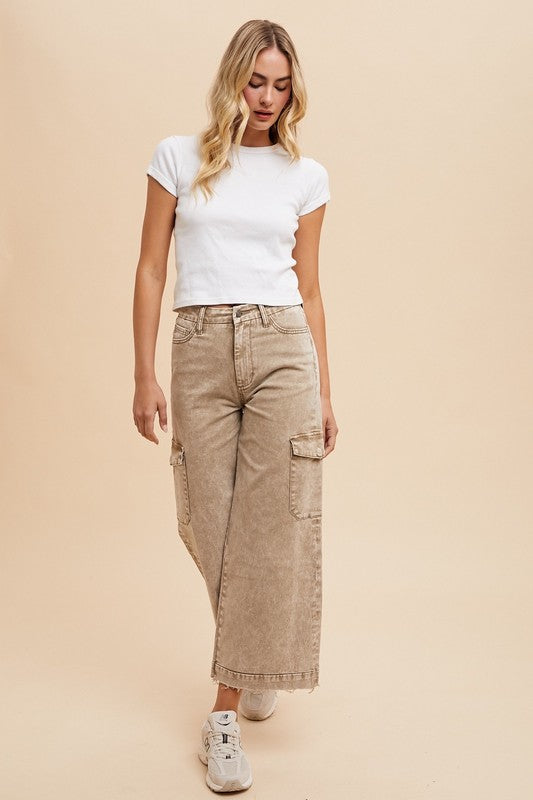 Annie Wear Raw Hem Wide-Leg Jeans with Cargo Pockets