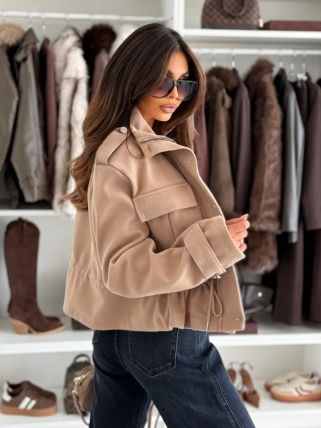 Drawstring Waist Cropped Utility Jacket