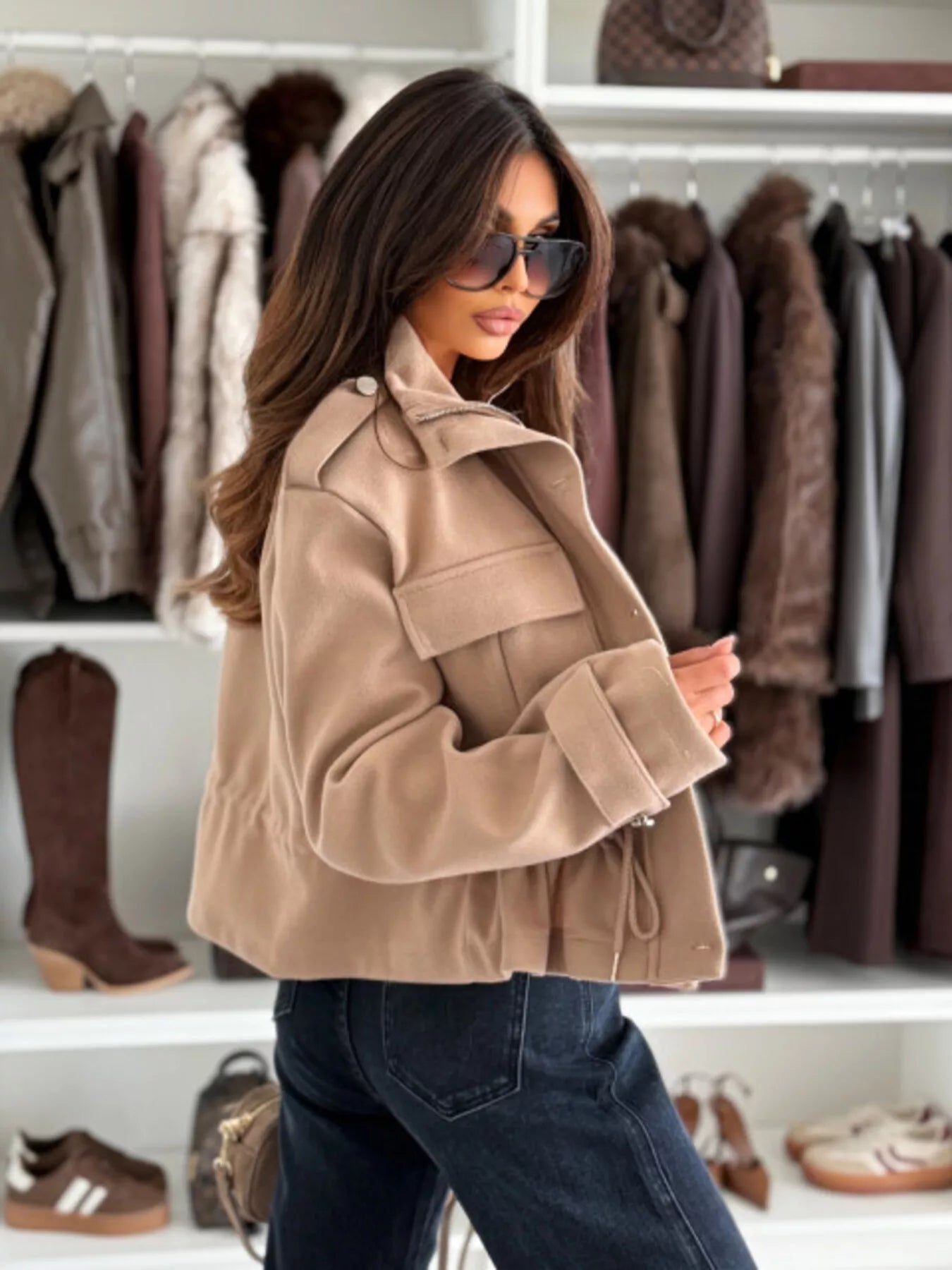 Drawstring Waist Cropped Utility Jacket