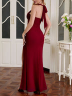 Halter Neck Ruched Mesh Slit Maxi Dress