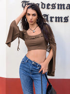 Chic Ruffled Square Neck Long Sleeve Top with Tie Front & Stretch Fit