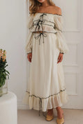 Off-Shoulder Ruffled Top and Ruched Skirt Set Cream