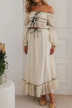 Off-Shoulder Ruffled Top and Ruched Skirt Set Cream
