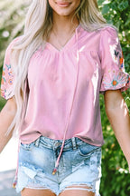 Floral Embroidered Puff Sleeve Blouse Dusty Pink