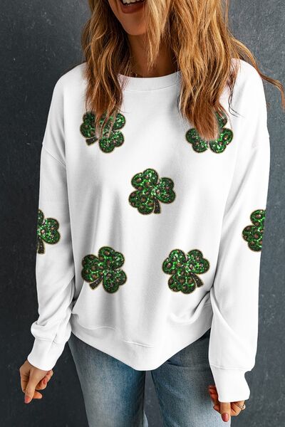 Sequin Lucky Clover Long Sleeve Crew Neck Sweatshirt