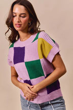 SO ME Mardi Gras Check Plaid Casual Knit Sweater Top