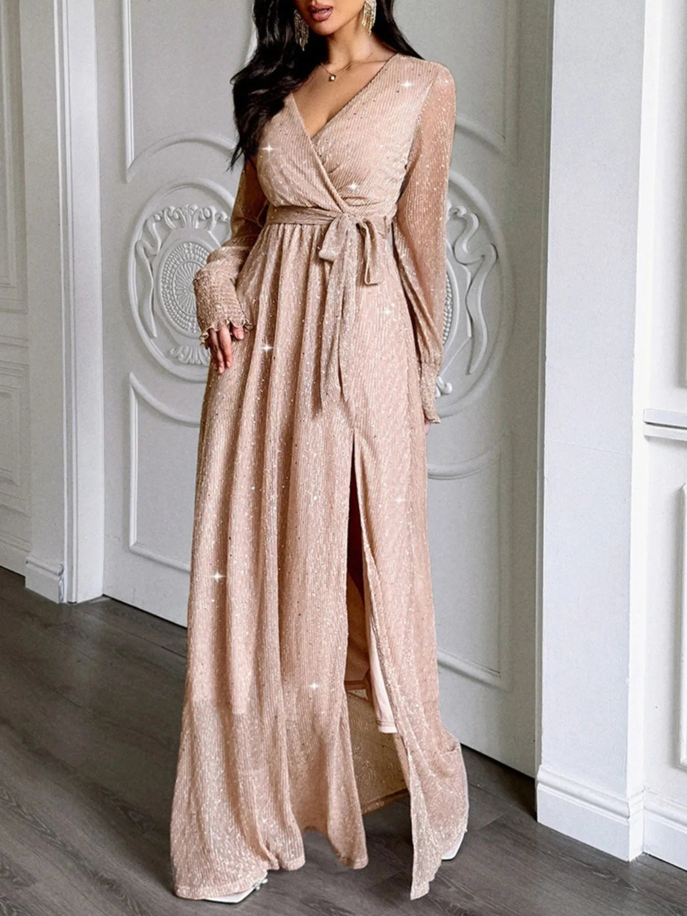 Elegant Surplice Maxi Dress with Slit and Tie Waist Gold