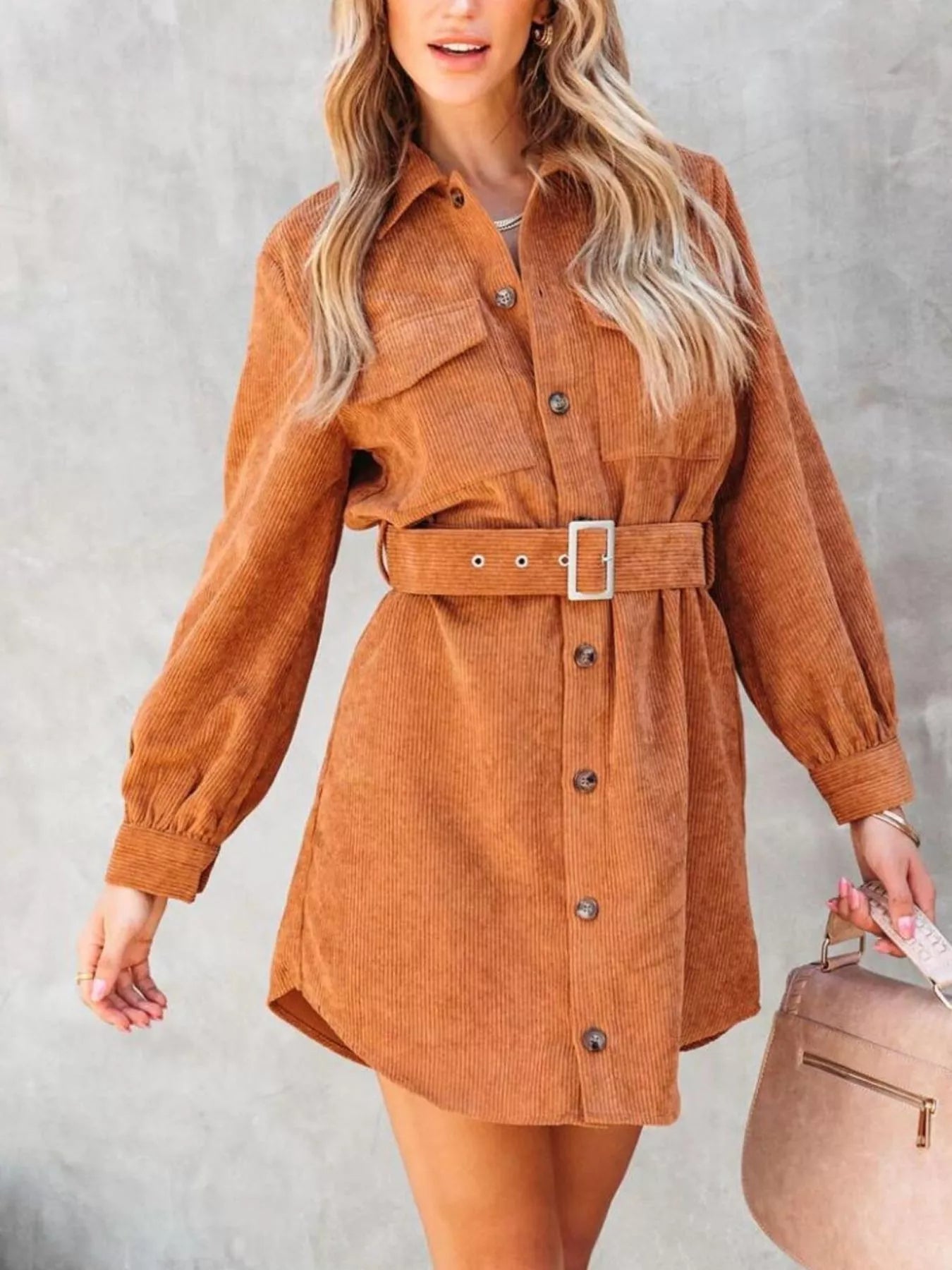 Button Front Belted Corduroy Dress with Pockets