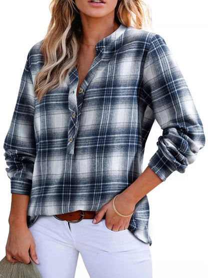 Classic Plaid Half Button Long Sleeve Blouse