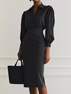 Elegant Ruched Midi Shirt Dress with Chic Side Slit Black