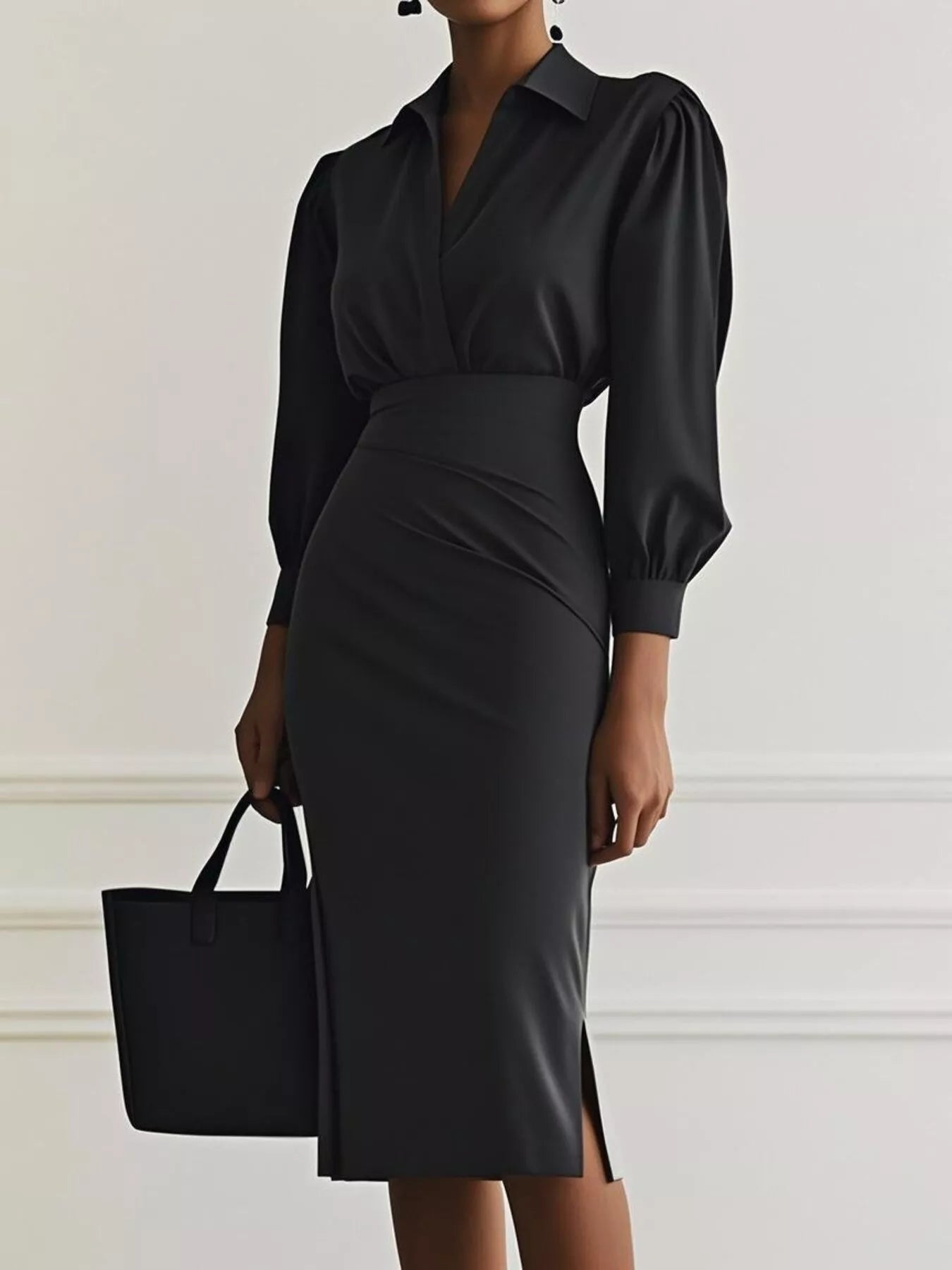 Elegant Ruched Midi Shirt Dress with Chic Side Slit Black