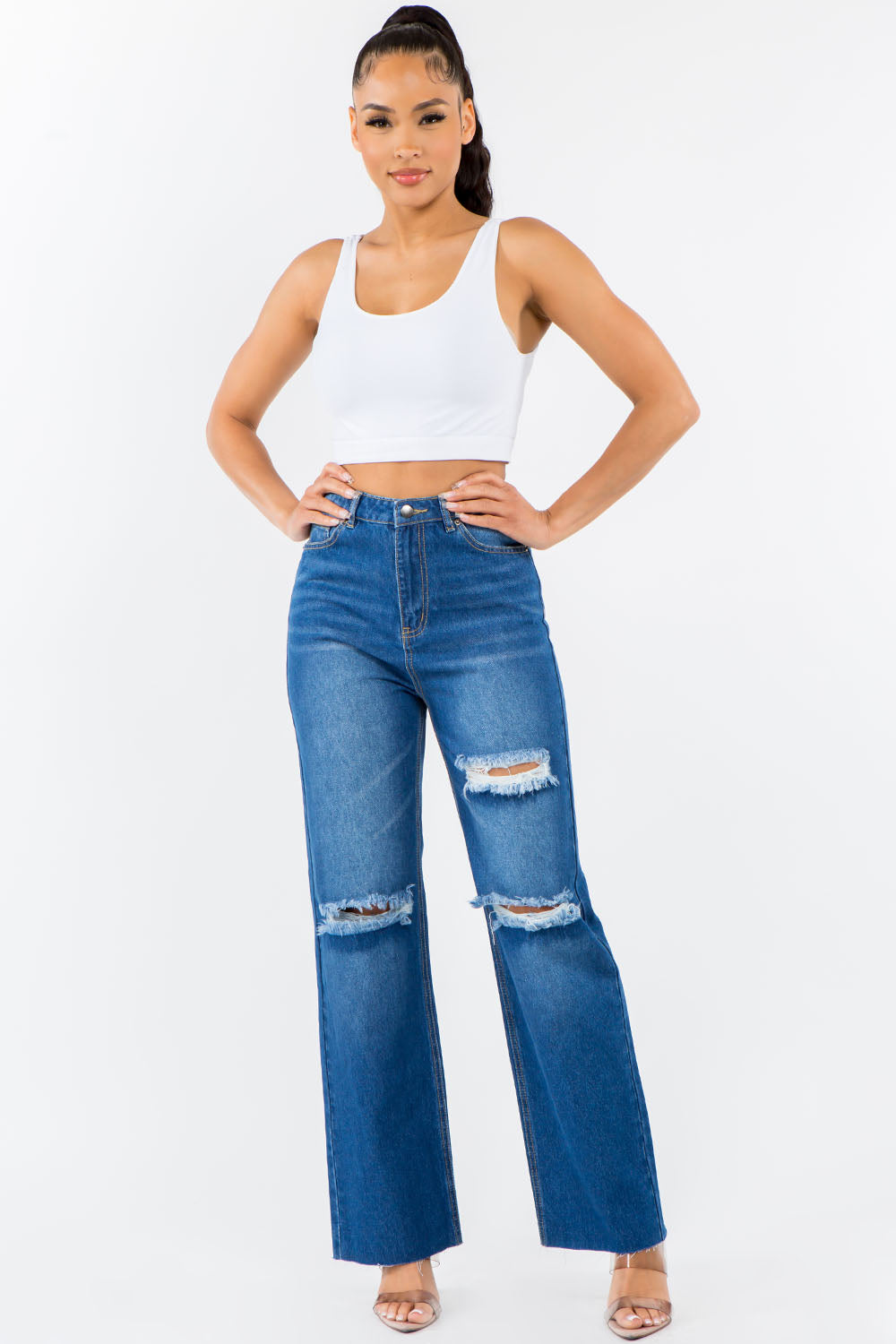 American Bazi High-Rise Distressed Wide-Leg Denim Blue