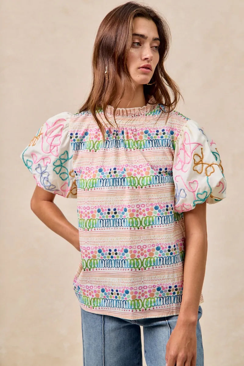 BiBi Ruffle Neckline Blouse With Embroidery Bubble Sleeve