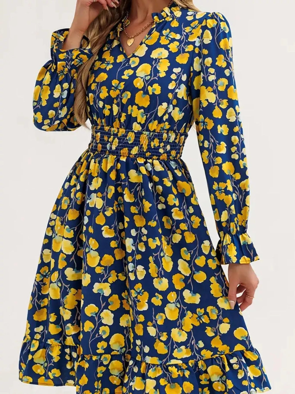 Floral Smocked Ruffled Flounce Sleeve Midi Dress