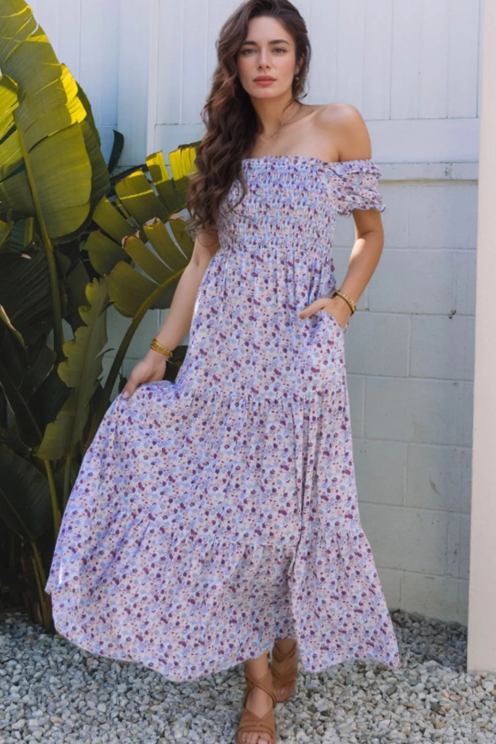 Floral Tiered Maxi Dress - Shirred Waist Elegance Lavender