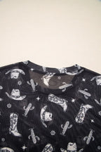 Western Pattern Mesh Sheer Crew Neck Top - Trendy & Layered Look