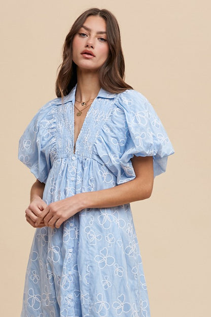 Annie Wear Floral Smocked Puff-Sleeve Dress