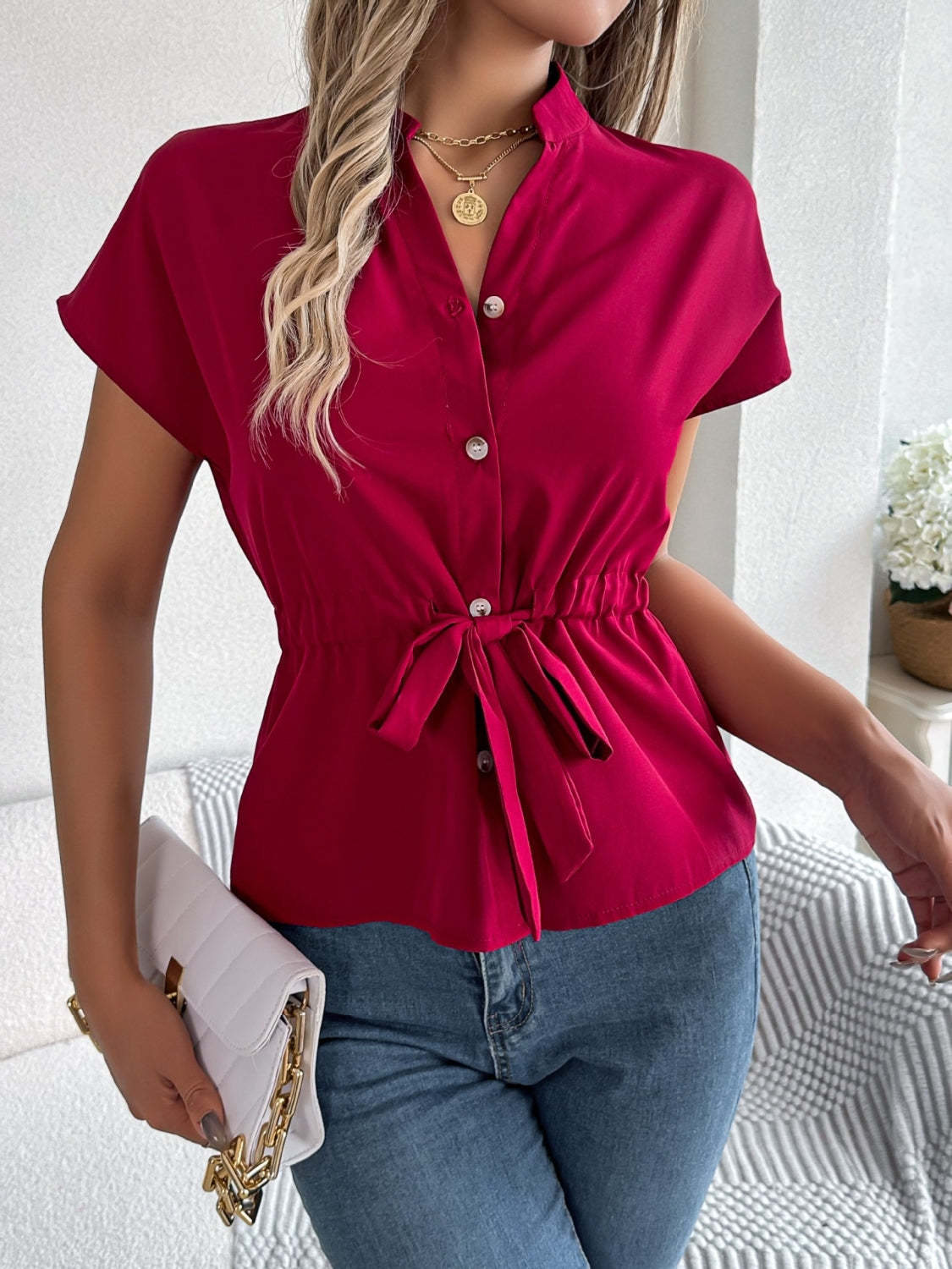 Notched Short Sleeve Blouse - Chic & Versatile