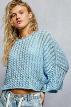 POL Cable-Knit Openwork Cropped Round-Neck Sweater