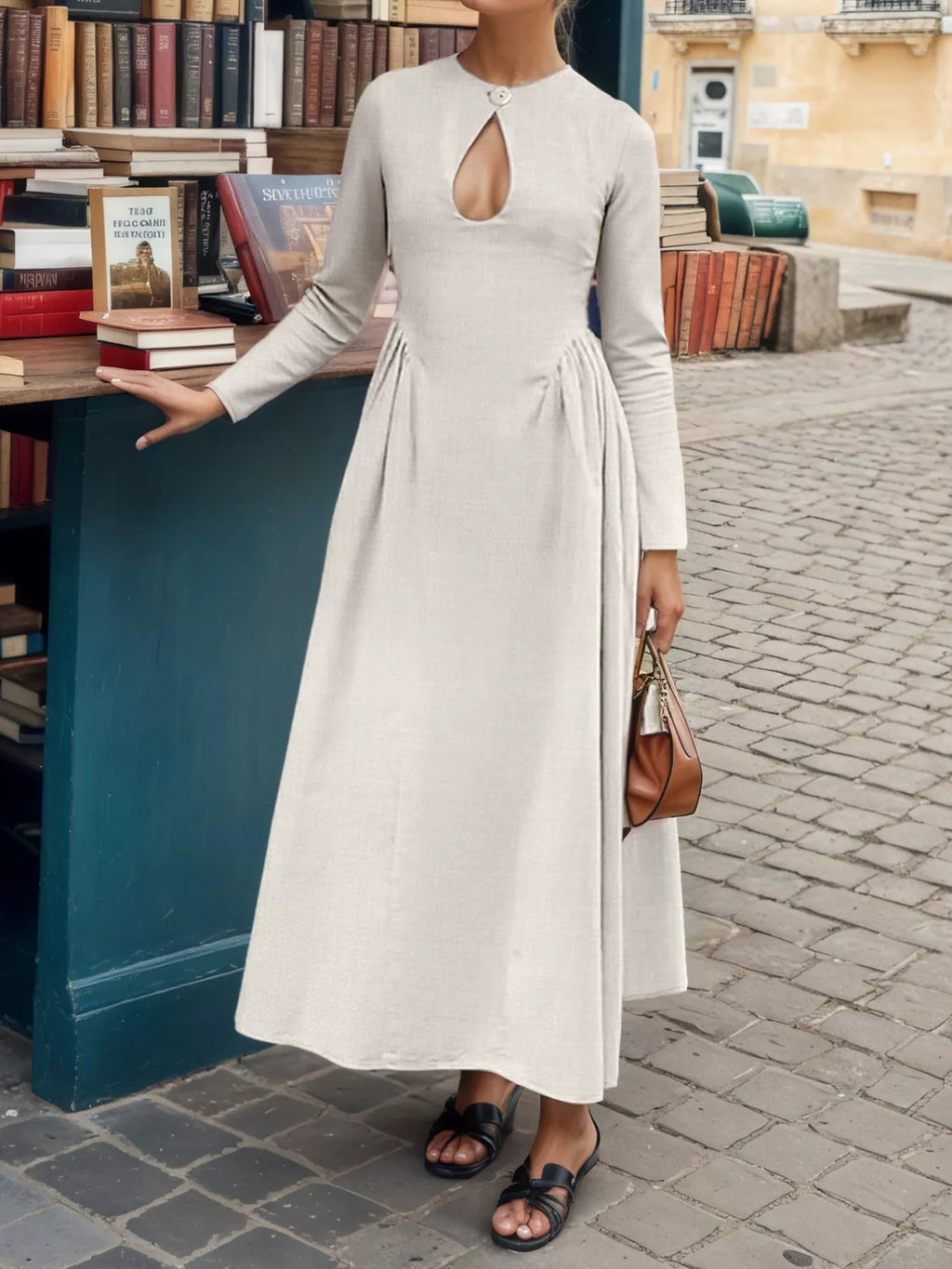 Cutout Front Long Sleeve A-Line Maxi Dress