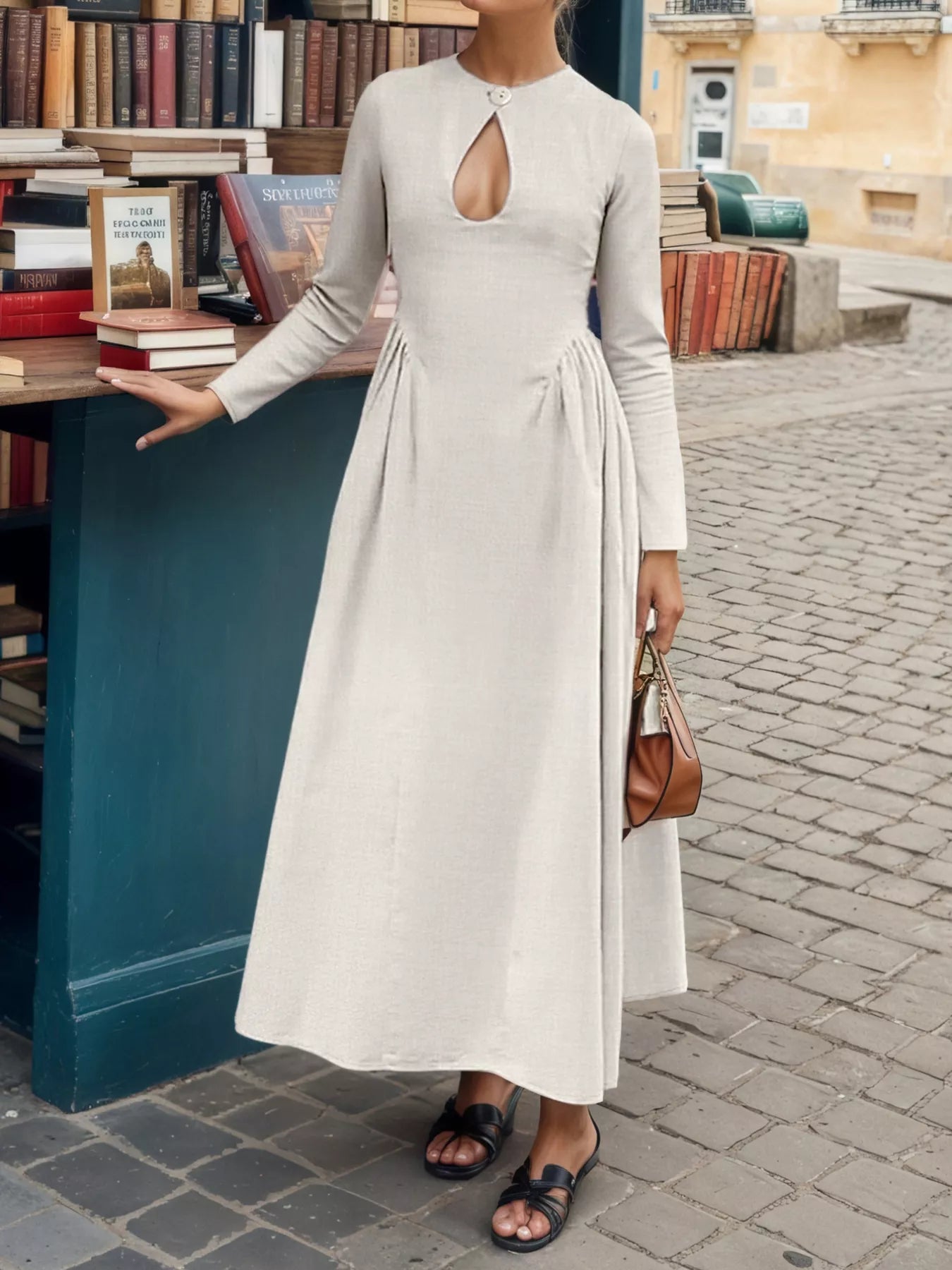 Cutout Front Long Sleeve A-Line Maxi Dress