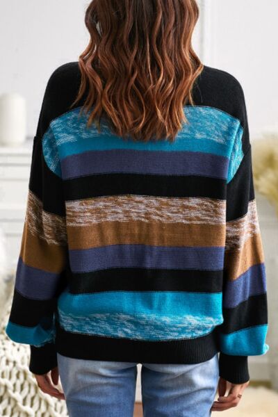 Contrast Striped Round Neck Drop Shoulder Sweater