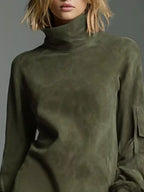 Full-Size Suede Turtleneck Lantern Sleeve Mini Dress