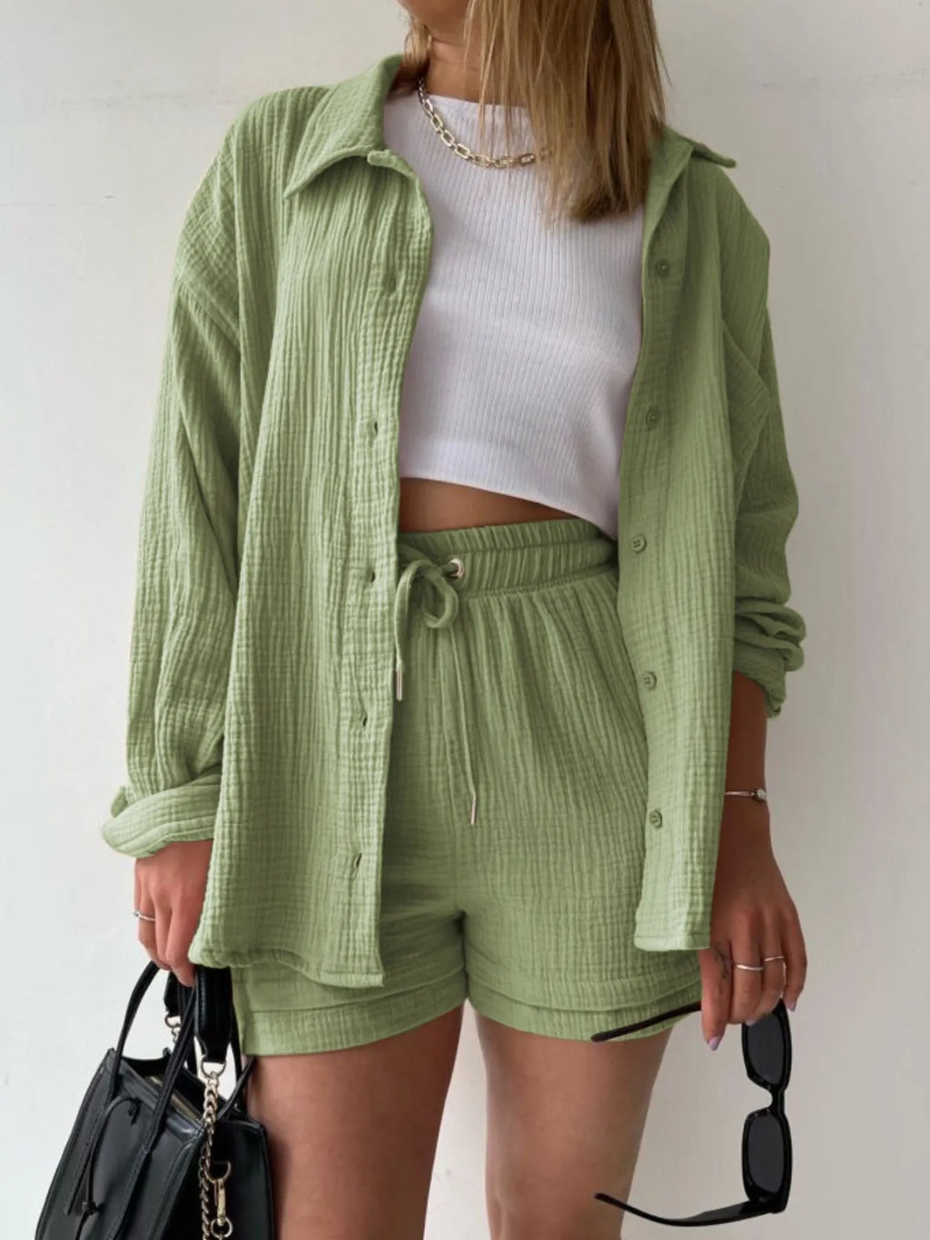 Chic Textured Button-Up Shirt & Shorts Two-Piece Set