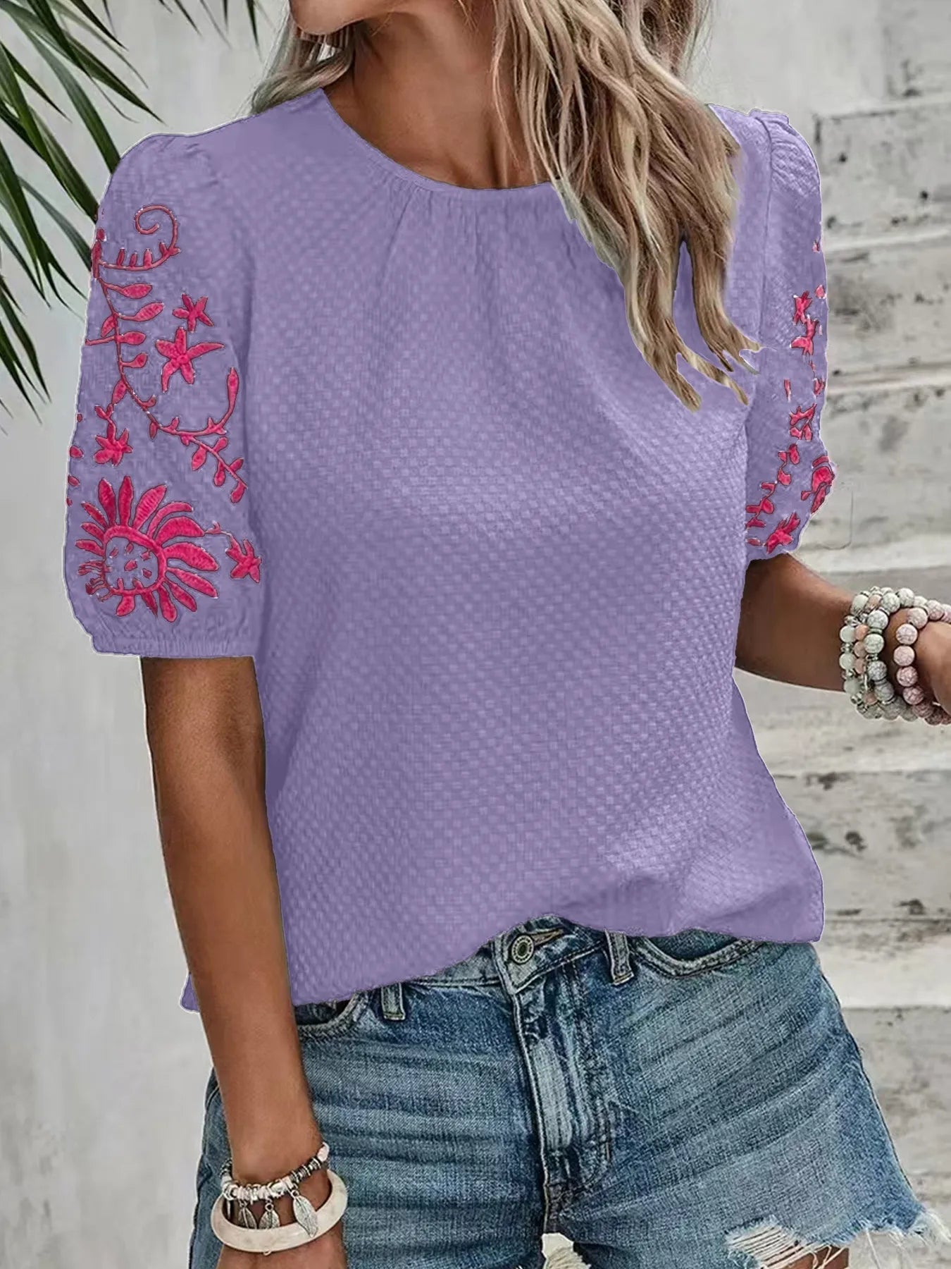 Textured Blouse with Embroidered Floral Sleeves Lilac
