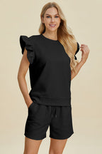 Textured Ruffle Sleeve Top & Shorts Set - Chic & Comfy