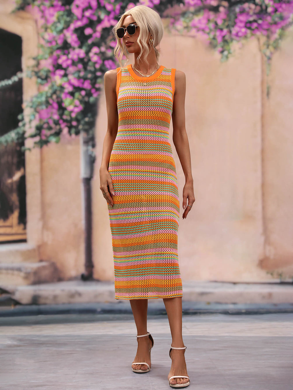 CoastEase Striped Sleeveless Round Neck Cover-Up Midi Dress