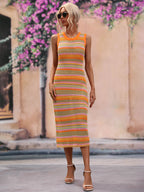 CoastEase Striped Sleeveless Round Neck Cover-Up Midi Dress
